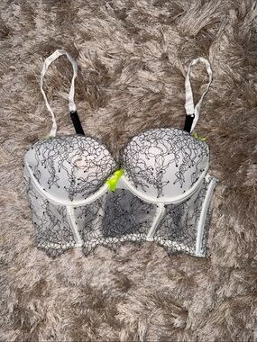 Victoria's Secret White Lace Longline Bustier Bra with Neon Green Accents